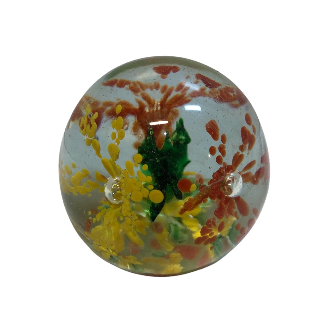 Vintage hand blown glass paperweight Orange and Yellow Burst Flower